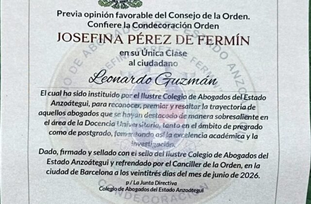 Diploma de la Orden Josefina Pérez de Fermin.